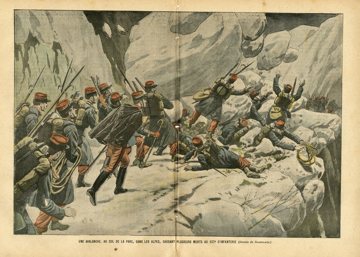 Ilustrace Eugene Damblans (1865-1945) v Le Pelerin, 3. 6. 2004 - Lavina v průsmyku Pare v Alpách, která způsobila několik úmrtí u 157. pěchoty - různá fakta, Armee, Horolezectví Horolezectví, pěchota , Alpy, Avalanche - Voják od Eugene Damblans