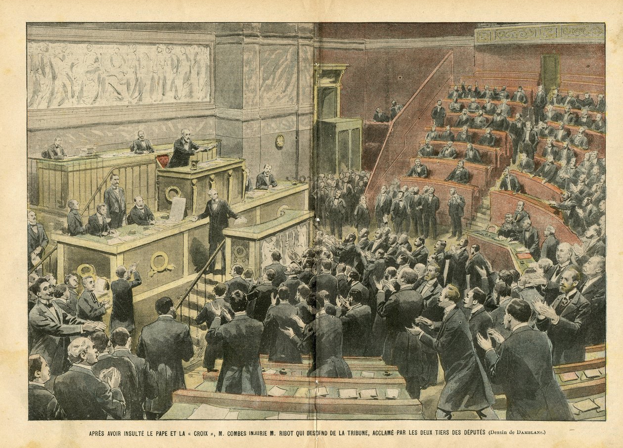 Ilustrace Eugene Damblans (1865-1945) v Le Pelerin, 6. 11. 4 - Po urážce papeže a kříže urazil M. Combes M. Ribota, který sestoupil z pódia, za povzbuzování dvou třetin poslanců - Sněmovna Zástupce Hemicycle, Fighting, Righting od Eugene Damblans