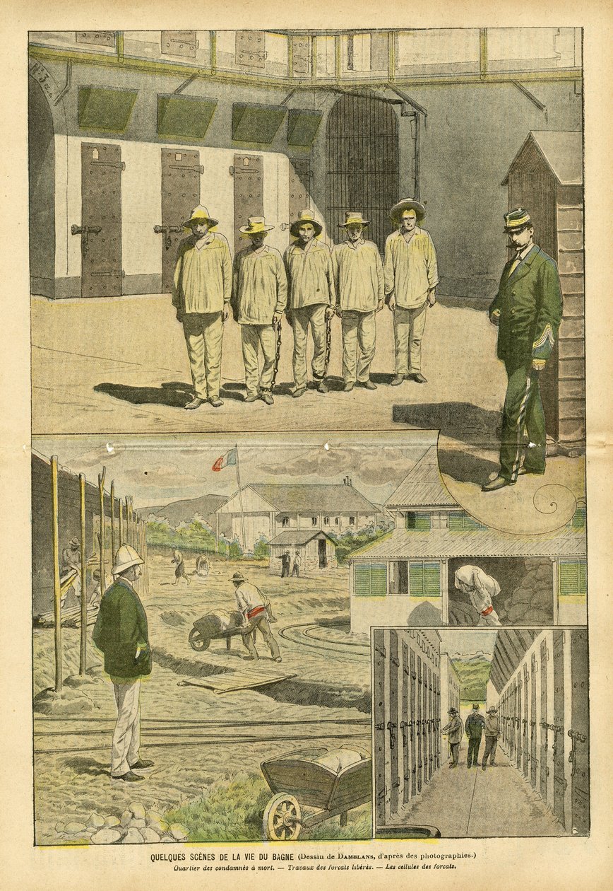 Ilustrace Eugene Damblans (1865-1945) v Le Pelerin, 07.05.05 - Některé scény ze života bagna - Věznice, Bagnes, Pracovní síly - Vězni, vězeňská stráž od Eugene Damblans