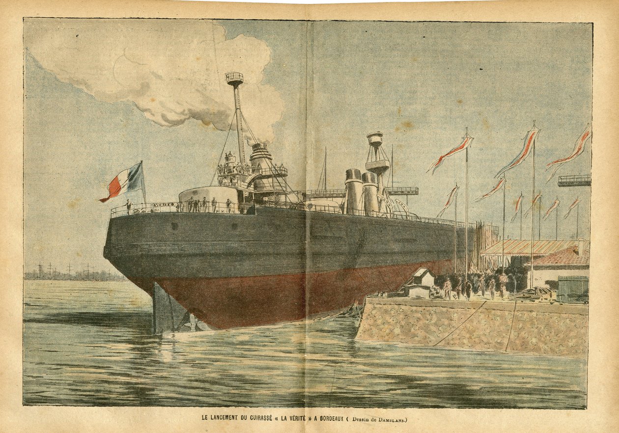 Ilustrace Eugene Damblans (1865-1945) v Le Pelerin, 09.06.07 - Vypuštění náprsníku „“La Verite“ v Bordeaux – Maritime Marine Nautique Balneaire, Port, Bordeaux, Inaugurace, Cuirasse od Eugene Damblans