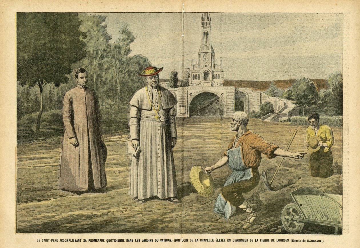 Ilustrace Eugene Damblans (1865-1945) v Le Pelerin, 20.8.2005 - Svatý otec při každodenní procházce v zahradách Vatikánu, nedaleko kaple postavené na počest Panny Marie Lurdské - Náboženství Víra, Zemědělství, Vatikán, katol od Eugene Damblans