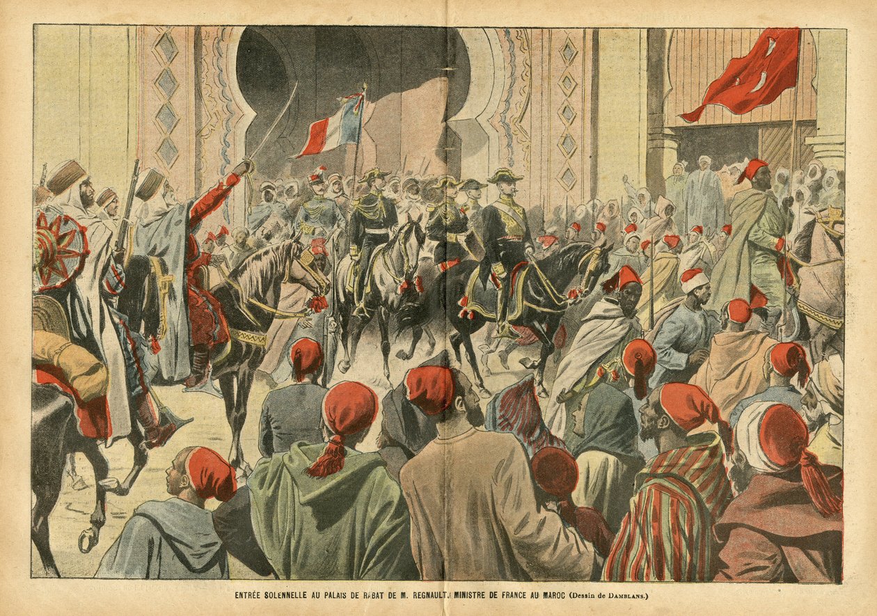 Ilustrace Eugene Damblans (1865-1945) v Le Pelerin, 20. 10. 7 - Slavnostní vstup do Palais de Rabat panem Regnaultem, ministrem Francie v Maroku - Kolonizace kolonií kolonialismu, architektura Urbanisme, Maroko, oficiální návštěva - Regnault Euge od Eugene Damblans