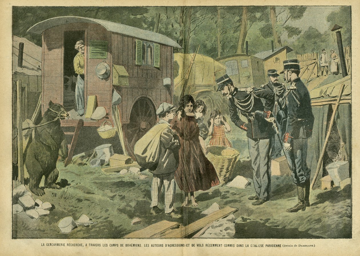 Ilustrace Eugene Damblans (1865-1945) v Le Pelerin, 21/04/07 - Četnictvo hledá prostřednictvím táborů bohémů pachatele útoků a loupeží nedávno spáchaných na pařížských předměstích - Různé skutečnosti, Dětství, Policie, Misere, Insecu od Eugene Damblans