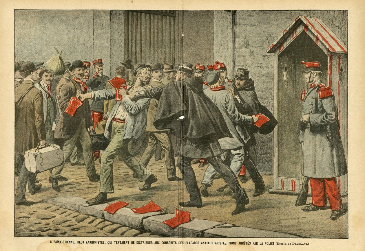 Ilustrace Eugena Damblanse (1865-1945) v Le Pelerin, 22. 10. 2005 - V Saint-Étienne zatkla policie dva anarchisty, kteří se snažili rozdávat antimilitaristické oblečení brancům - Antimilitarismus, Anarchistický anarchismus, Armee, Policie, Saint- od Eugene Damblans