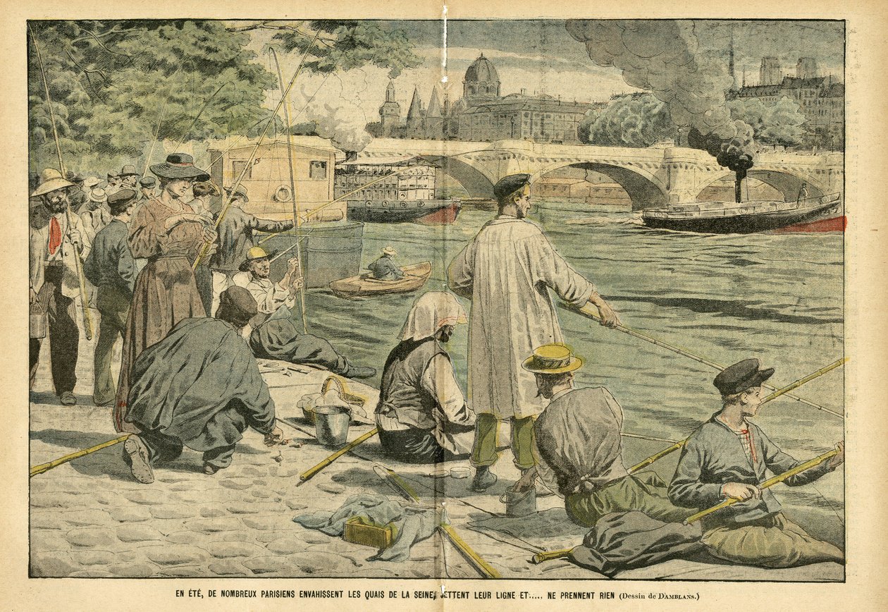 Ilustrace Eugene Damblans (1865-1945) v Le Pelerin, 23. 6. 2005 - V létě mnoho Pařížanů vtrhne na břehy Seiny a vrhne svou šňůru a... nic nevezme - Loisirs, Paříž, Rybaření Pecher Pecheur, Pont , Seina (řeka), Ete, Peniche, Canne a ryba od Eugene Damblans