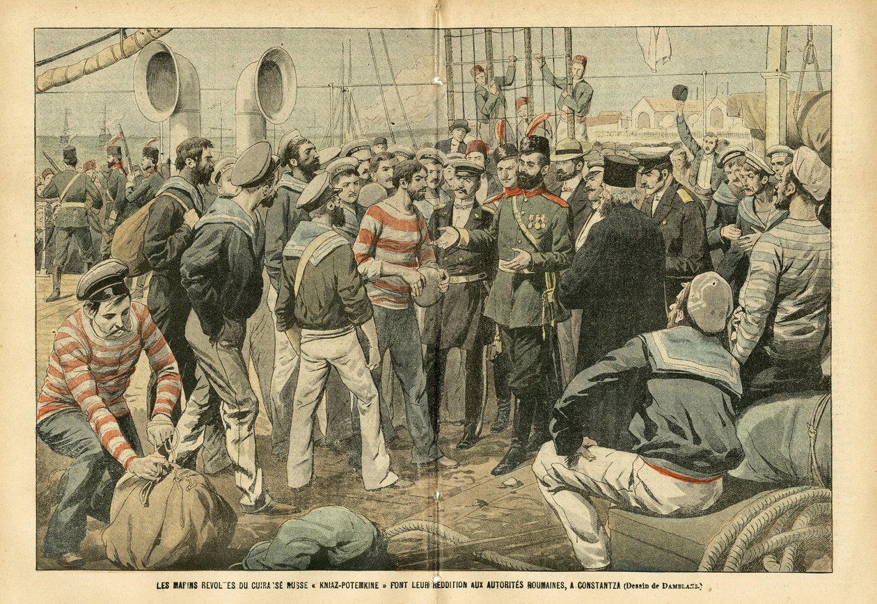 Ilustrace Eugene Damblans (1865-1945) v Le Pelerin, 23/07/05 - Vzbouření námořníci ruské bitevní lodi Kniaz-Potěmkin se vzdali rumunským úřadům v Constantze - Rusko, Mořské mořské pobřeží, Rumunsko, revoluce 1905 , od Eugene Damblans