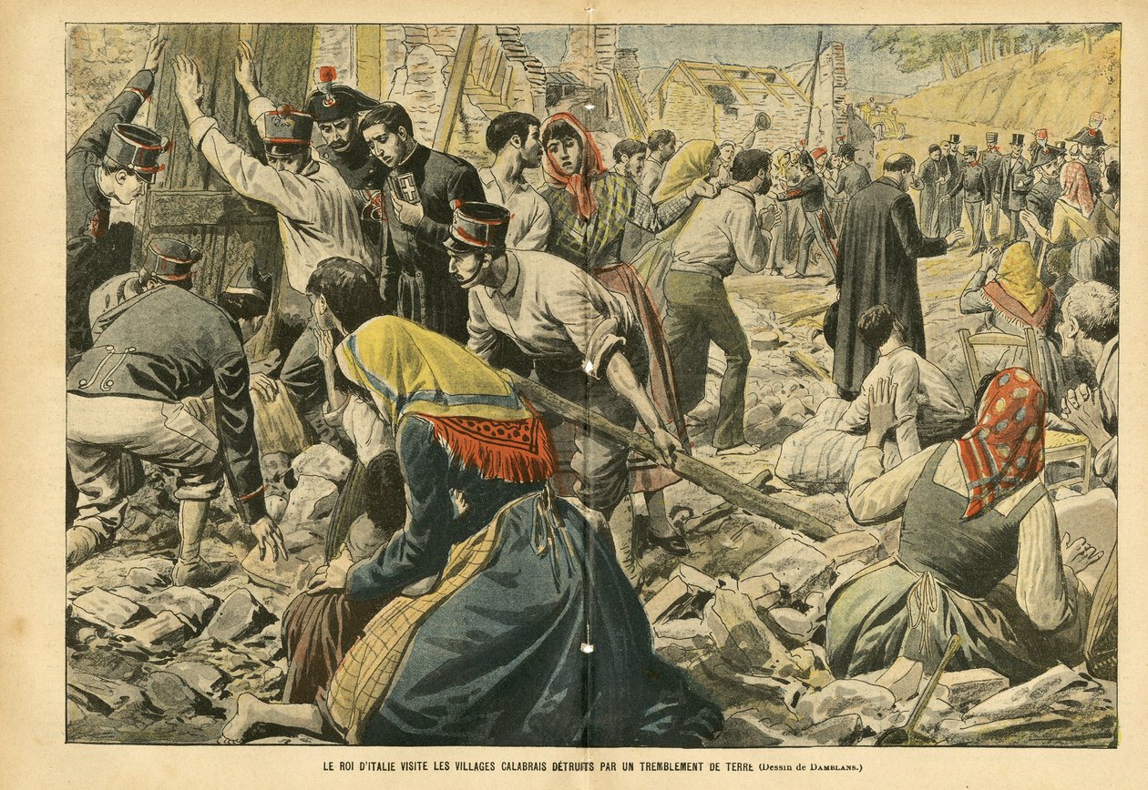Ilustrace Eugene Damblans (1865-1945) v Le Pelerin, 24/09/05 - Italský král navštěvuje kalábrijské vesnice zničené zemětřesením - Různá fakta, Itálie, Architektura Urbanismus, Destrukce budov, Přírodní katastrofa, Zemětřesení, Kalábrie - od Eugene Damblans