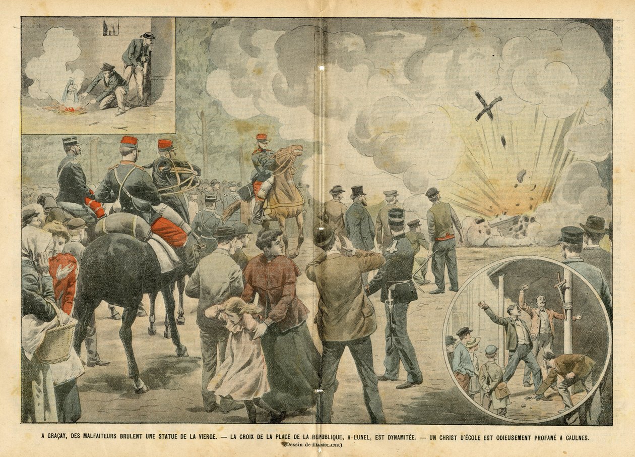 Ilustrace Eugene Damblans (1865-1945) v Le Pelerin, 25. 9. 2004 - V Gracay pálili zločinci sochu panny - Kůra Place de la Republique je dynamit a Kristus školy je v Caulnes odporně profánní - Antiklerikalismus, náboženství Fait od Eugene Damblans