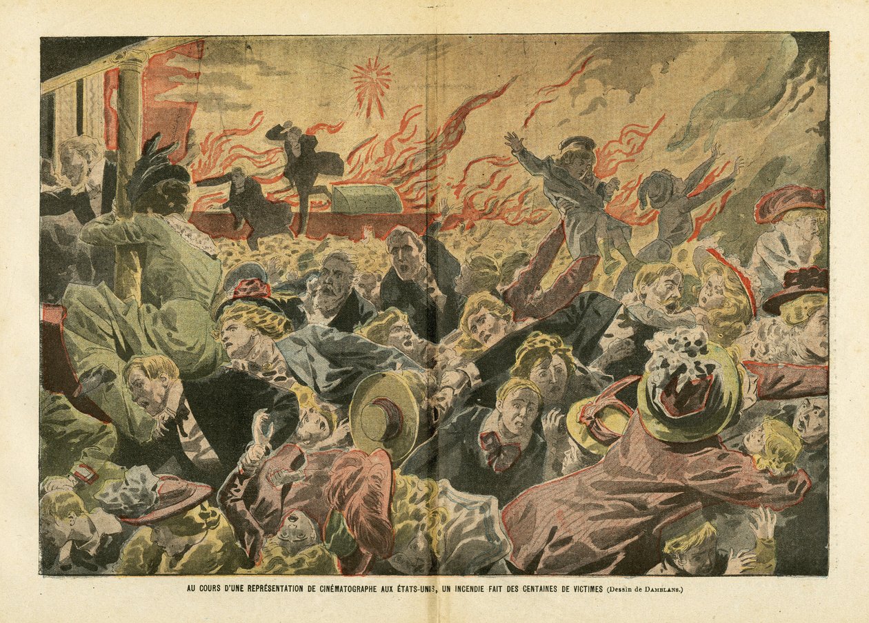 Ilustrace Eugene Damblans (1865-1945) v Le Pelerin, 26. 1. 2008 - Během filmového představení ve Spojených státech zahynuly stovky obětí požáru - Amerika USA USA, Různá fakta, Kino, Dav, oheň od Eugene Damblans