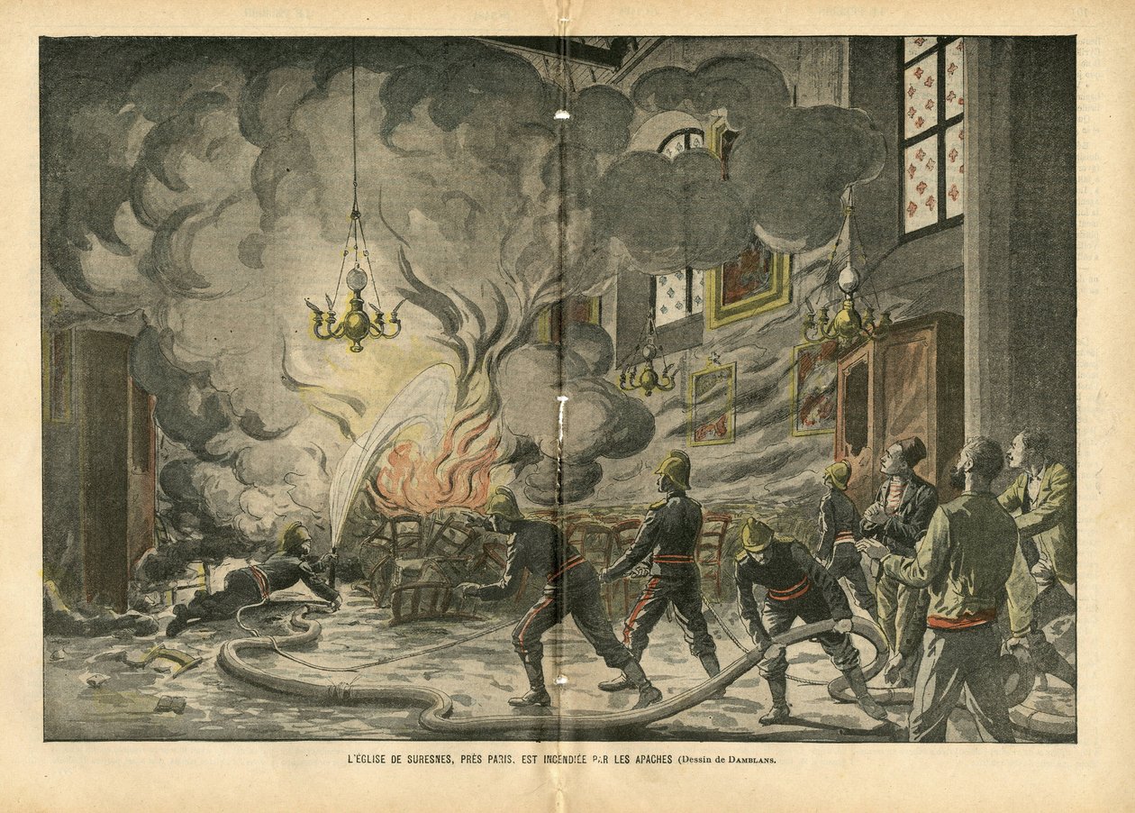 Ilustrace Eugene Damblans (1865-1945) v Le Pelerin, 26. 6. 2004 - Kostel Suresnes poblíž Paříže je vypálen Apači - Různá fakta, Náboženství Víra, Nejisté, Kostely Cathedrale, Oheň, Suresnes, Katolicismus - Proxen Apačů od Eugene Damblans