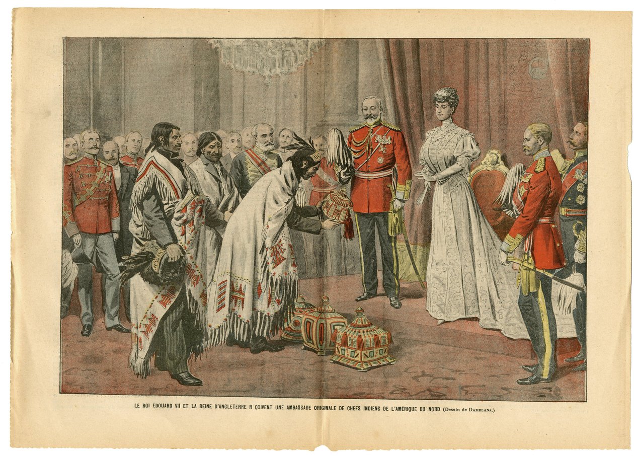 Ilustrace Eugene Damblans (1865-1945) v Le Pelerin, 26.08.06 - Král Edward a královna Anglie... - Amerika USA USA, Anglie Velká Británie, Oficiální návštěva - Edward VII (1841-1910), Victoria, Indiáni Indiánů od Eugene Damblans