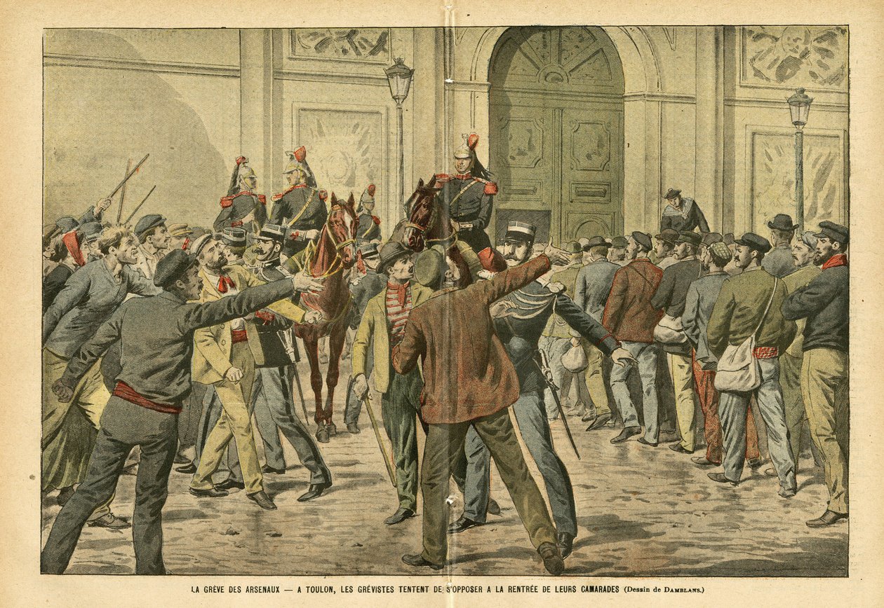 Ilustrace Eugene Damblans (1865-1945) v Le Pelerin, 26. 11. 05 - Stávka arzenálů V Toulonu se grevisté snaží vzdorovat rentu svých soudruhů - Social, Greve, Architecture Urbanism, Maritime Marine Nautical Balneaire, Toulon, Arsenal ar od Eugene Damblans