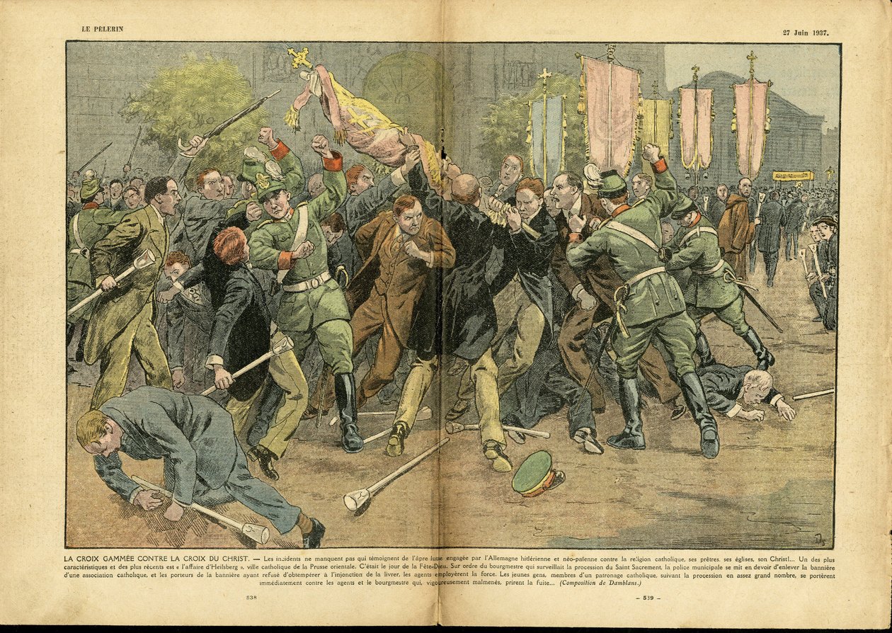 Ilustrace Eugene Damblans (1865-1945) v Le Pelerin, 27/06/37 - Křížová hra proti Kristovu kříži v hitlerovském Německu - Německo Prusko, Náboženství Víra, Dav, Boj, Spravedlování, Kříž Gammee, Křesťanský kříž, Katolický Katolicismus – prodáno od Eugene Damblans