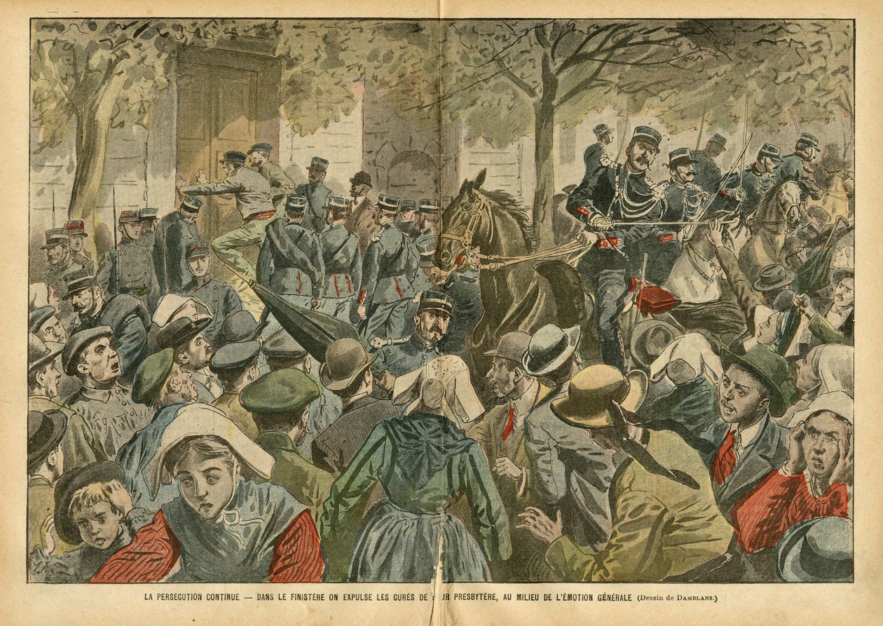 Ilustrace Eugene Damblans (1865-1945) v Le Pelerin, 27.10.07 - Pronásledování pokračuje Ve Finistere jsou uzdravení jejich presbytáře vypuzeni uprostřed všeobecných emocí - Náboženství Víra, Bretaň, Dav, Katolicismus, Finistere - S od Eugene Damblans