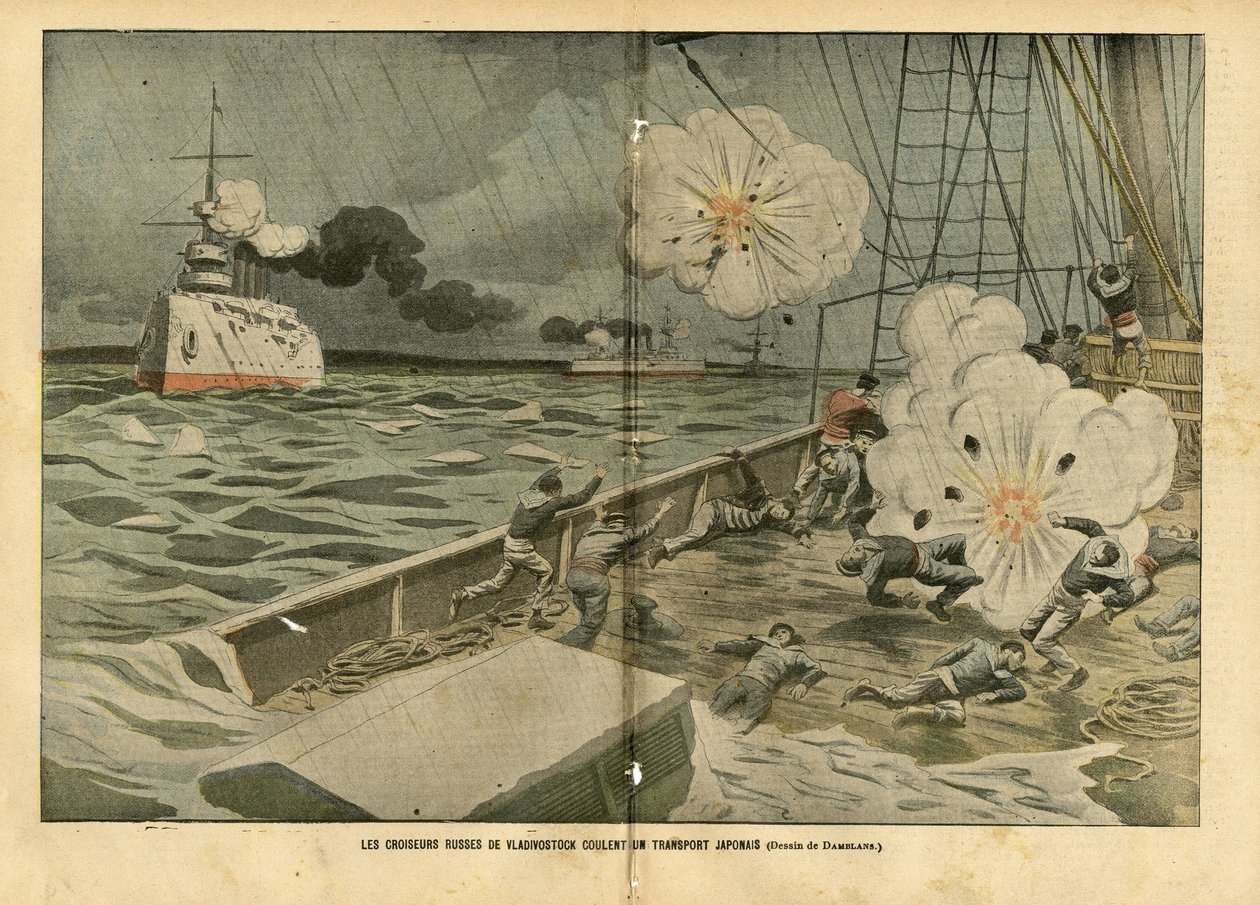 Ilustrace Eugene Damblans (1865-1945) v Le Pelerin, 28/02/04 - Ruské křižníky Vladivostoku potopily japonský transport - Armee, Námořní mořské pobřeží, Rusko-japonská válka, Válečné lodě, Vladivostok - Námořníci, námořníci od Eugene Damblans