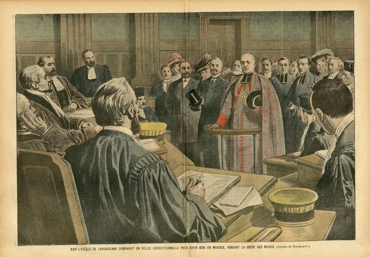 Ilustrace Eugene Damblans (1865-1945) v Le Pelerin, 28/07/07 - předvečer MGR Carcassonne přirovnán jako nápravná policie za to, že požehnal manželství během stávky starostů - proces spravedlnosti, náboženství, víra, manželství, Carcassonne, katolík Cath od Eugene Damblans
