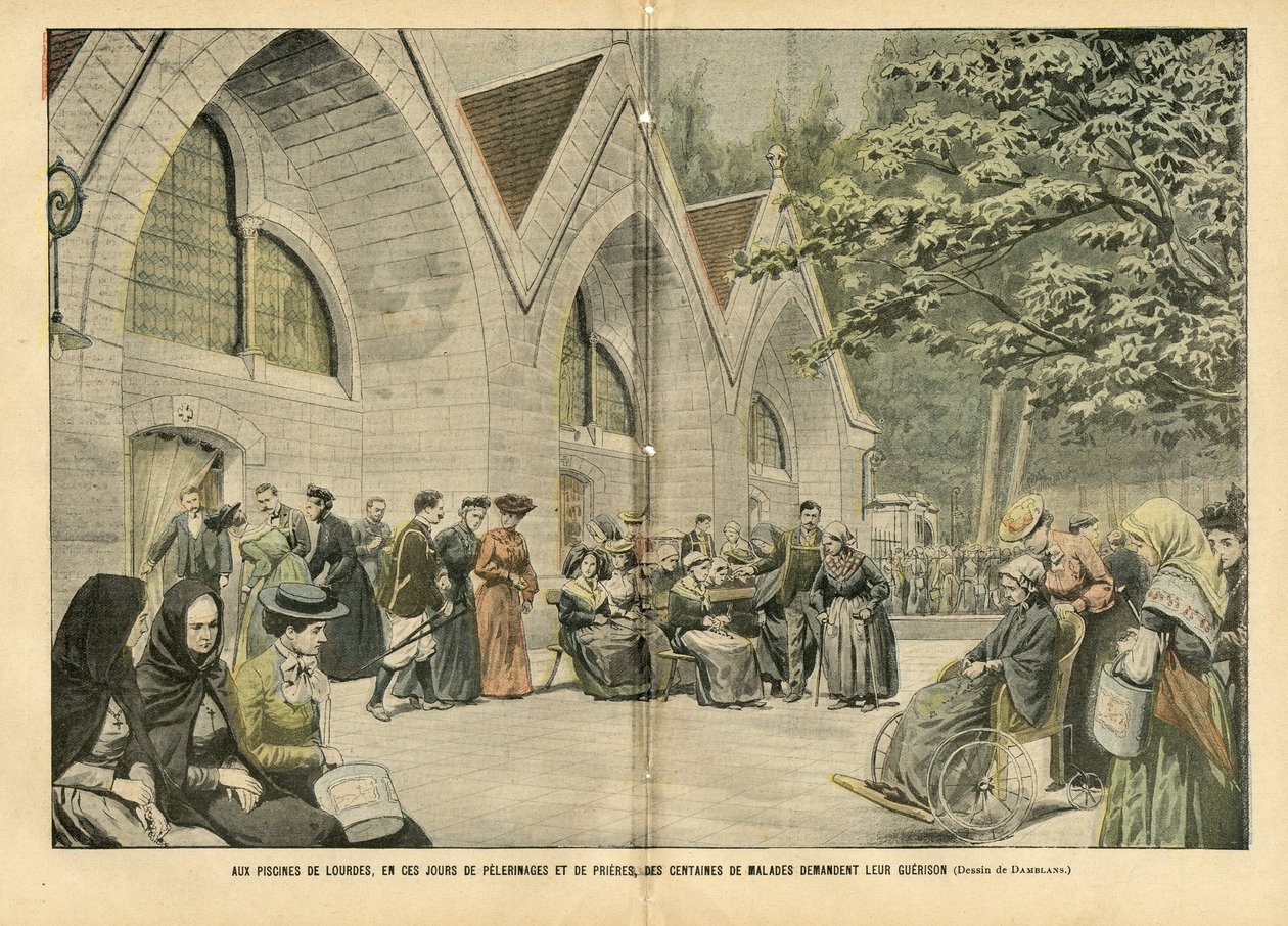 Ilustrace Eugene Damblans (1865-1945) v Le Pelerin, 28/08/04 - U bazénů v Lourdes, v těchto dnech pelerináží a modliteb, stovky pacientů žádají o svou válku - Lékařství, Náboženství Víra, Architektura Městské plánování , katolický katolík od Eugene Damblans