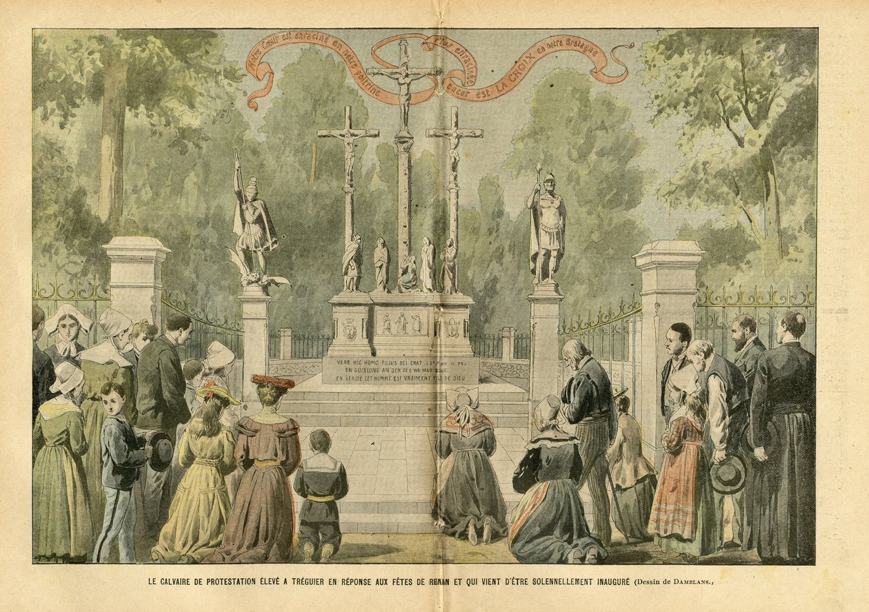 Ilustrace Eugene Damblans (1865-1945) v Le Pelerin, 29/05/04 - Protestní kalvárie v Treguier, která byla vztyčena v reakci na Renanovy svátky a která byla právě slavnostně otevřena - Náboženství Víra, Bretaň, Treguier, katolicismus - Pro od Eugene Damblans