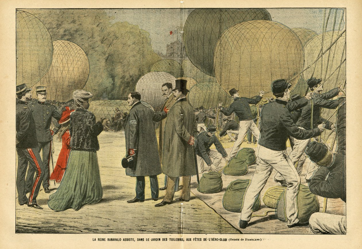 Ilustrace Eugene Damblans (1865-1945) v Le Pelerin, 29/10/05 - královna Ranavalo se účastní, v Tuileries Garden, party Aero-Club - Balloons airships zeppelin aerostation, Paříž, Madagaskar, Public Garden, Foreign Sovereigners, Tuileries - Ranava od Eugene Damblans