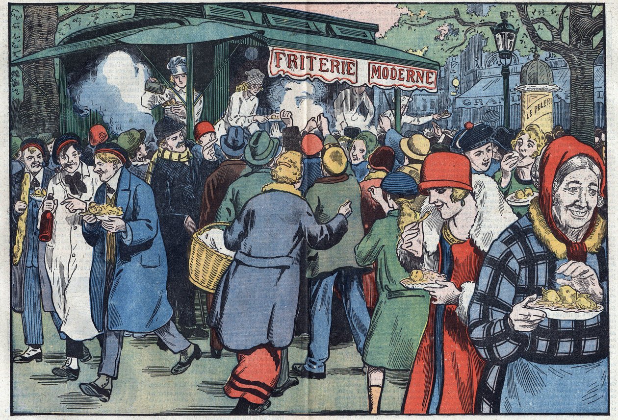 V Paříži pouliční hranolky (prodejce hranolek), podporovaný vládou, cestuje po různých čtvrtích, aby povzbudil obyvatele k jídlu ryb. Ilustrace Damblans. V „Le Pelerin“ z 11. dubna od Eugene Damblans