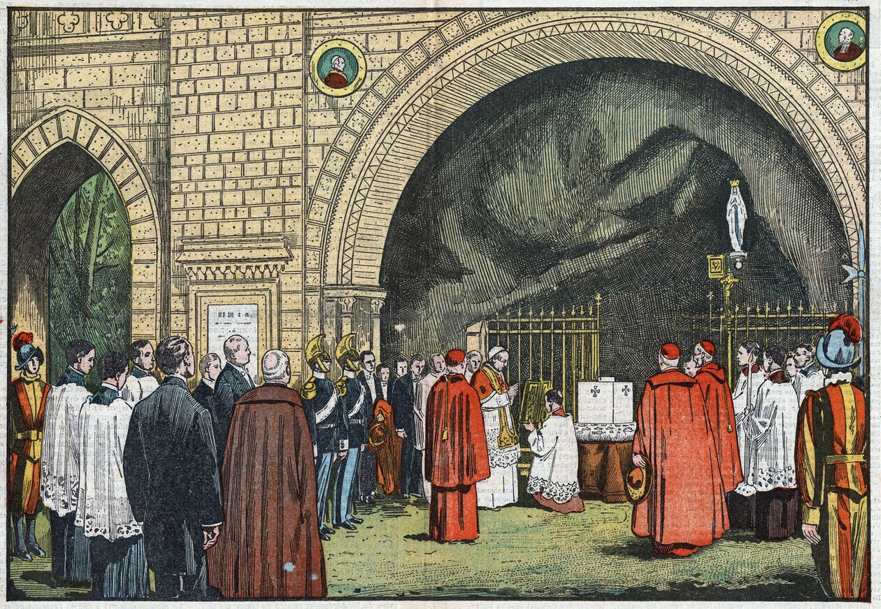 Před „Grotto de Lourdes“ ve vatikánských zahradách požehnal papež Pius XI. Ilustrace Damblans. V „Le Pelerin“ 3. června od Eugene Damblans