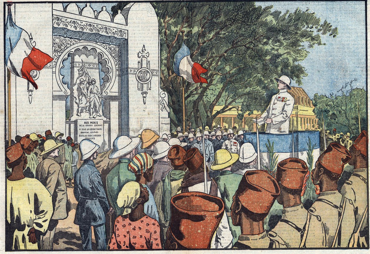 Inaugurace památníku třiceti tisícům mrtvých ve francouzské západní Africe Andre Maginot (1877-1932), ministr kolonií, v Dakaru. Ilustrace Damblans. V „“Le Pelerin““ z 10. března od Eugene Damblans