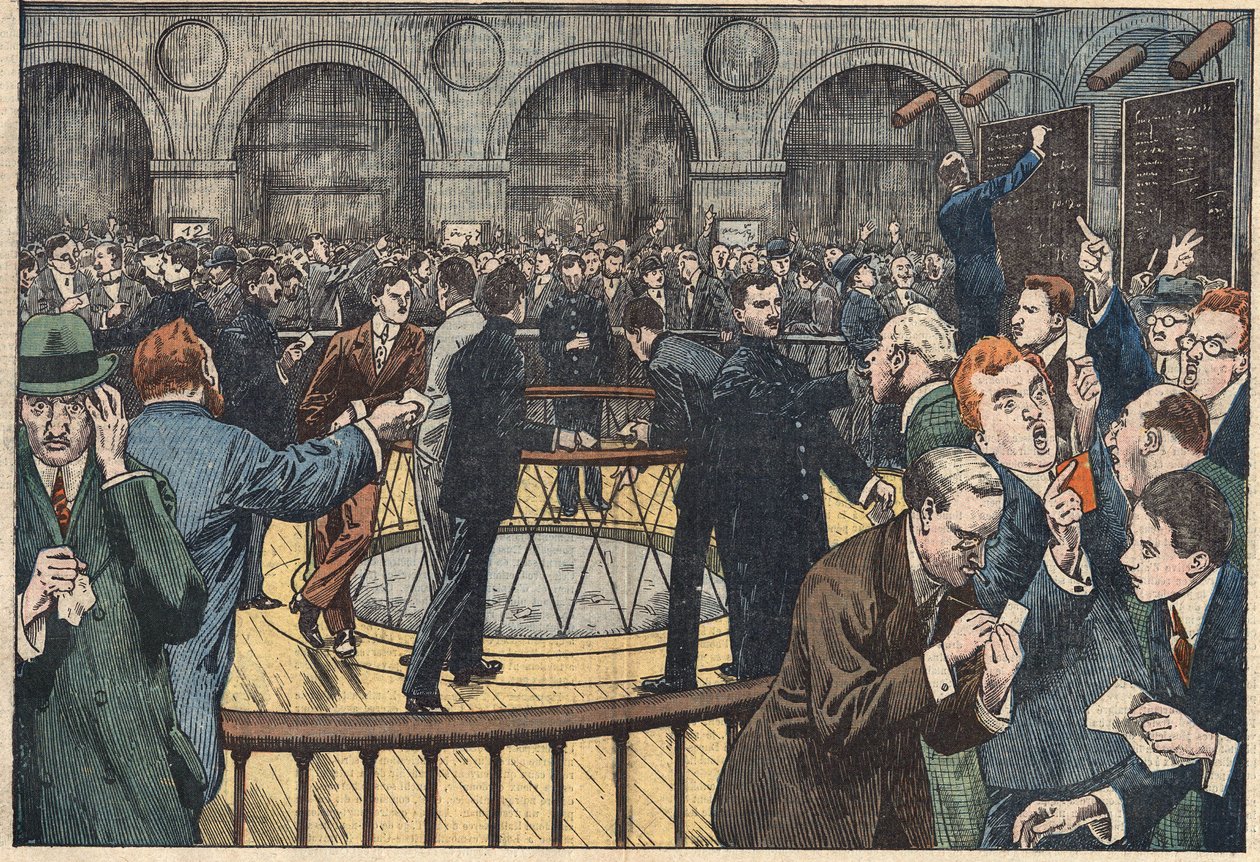 Vnitřní pohled na pařížskou burzu. Ilustrace Damblans. V „“Le Pelerin““ z 5. prosince od Eugene Damblans