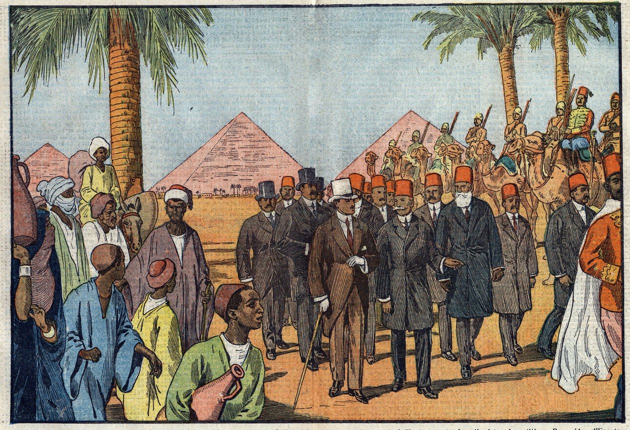 Afghánský král Amanullah (1892-1960) navštíví egyptské pyramidy v doprovodu meharistů. Káhira, Egypt. Ilustrace Damblans. V „“Le Pelerin““ z 22. ledna od Eugene Damblans