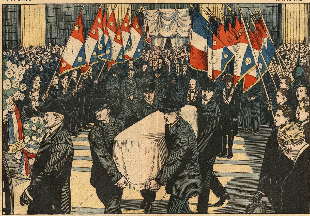 Obseques Maurice Ridarta, zabití policisty v kostele La Madeleine v Paříži. Vlajky mládežnických patriotů pozdravují jeho rakev. Ilustrace Damblans. V „Le Pelerin“ z 18. dubna od Eugene Damblans