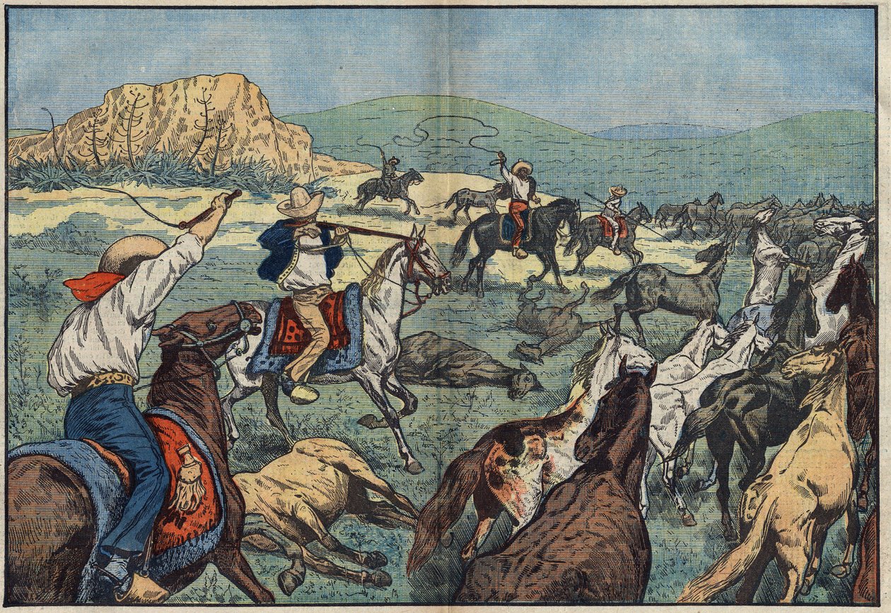 Mexičtí farmáři střílejí na divoké koně, aby se vyhnuli potravinové nouzi v jejich zemi. El Paso Plains, Mexiko. Ilustrace Damblans. V “”Le Pelerin”” 6. října od Eugene Damblans