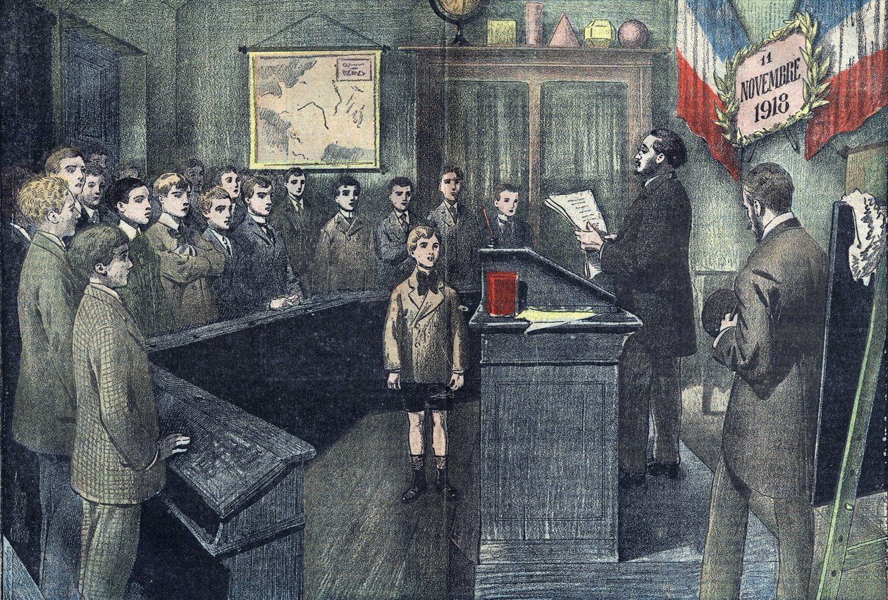 Listopad 1923: v každé francouzské obci přečetl ředitel školy den před příměřím jména hrobek obyvatel na poli cti a každý žák odpověděl „Smrt pro Francii“. Kresba Damblans z roku 1923. od Eugene Damblans