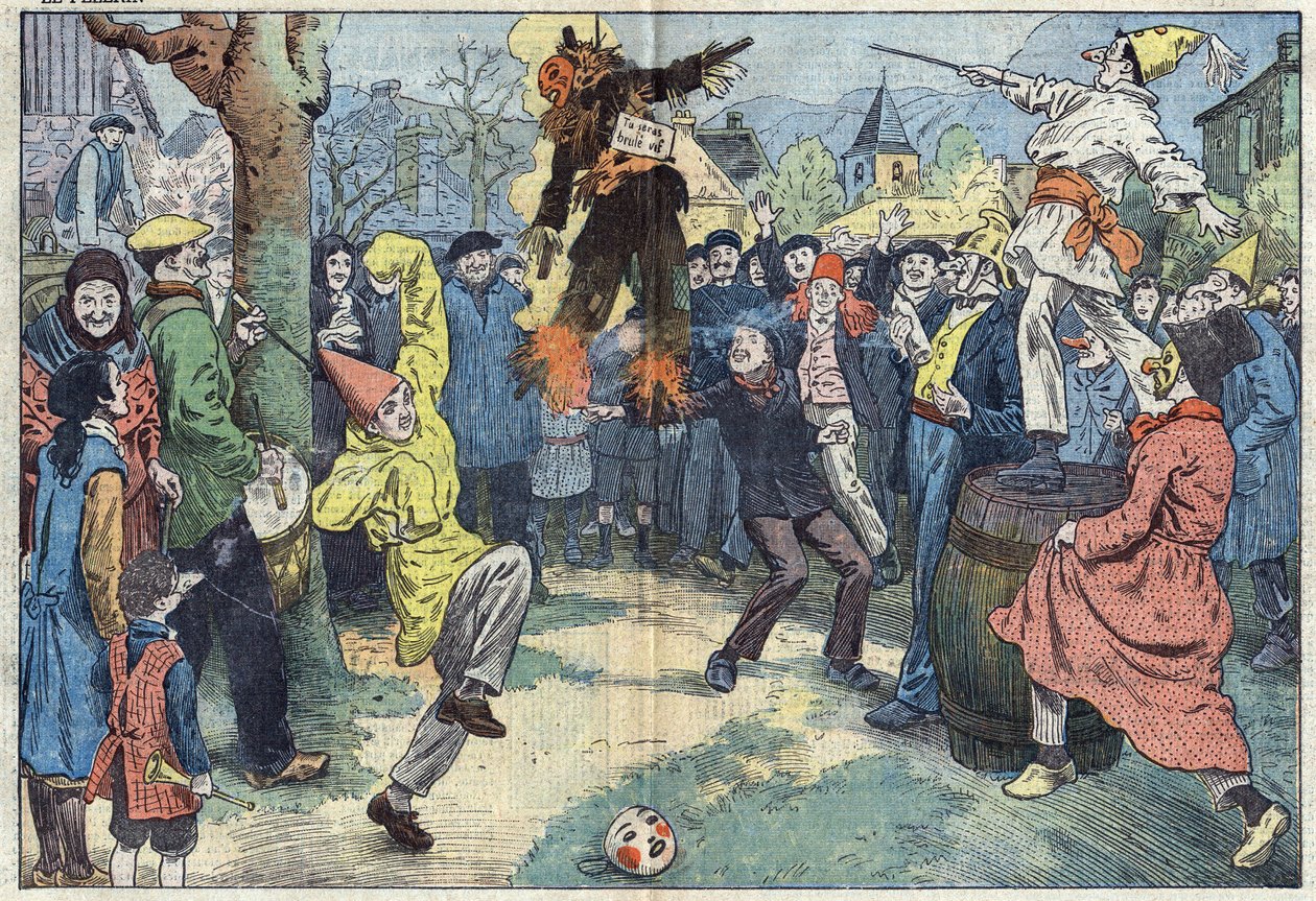 Staré zvyky: kremace „karnevalu“ v Mardi Gras (Mardi-Gras) představuje potěšení a nejdražší opuštěné na prahu Careme. Ilustrace Damblans. V „“Le Pelerin““ ze 16. března od Eugene Damblans