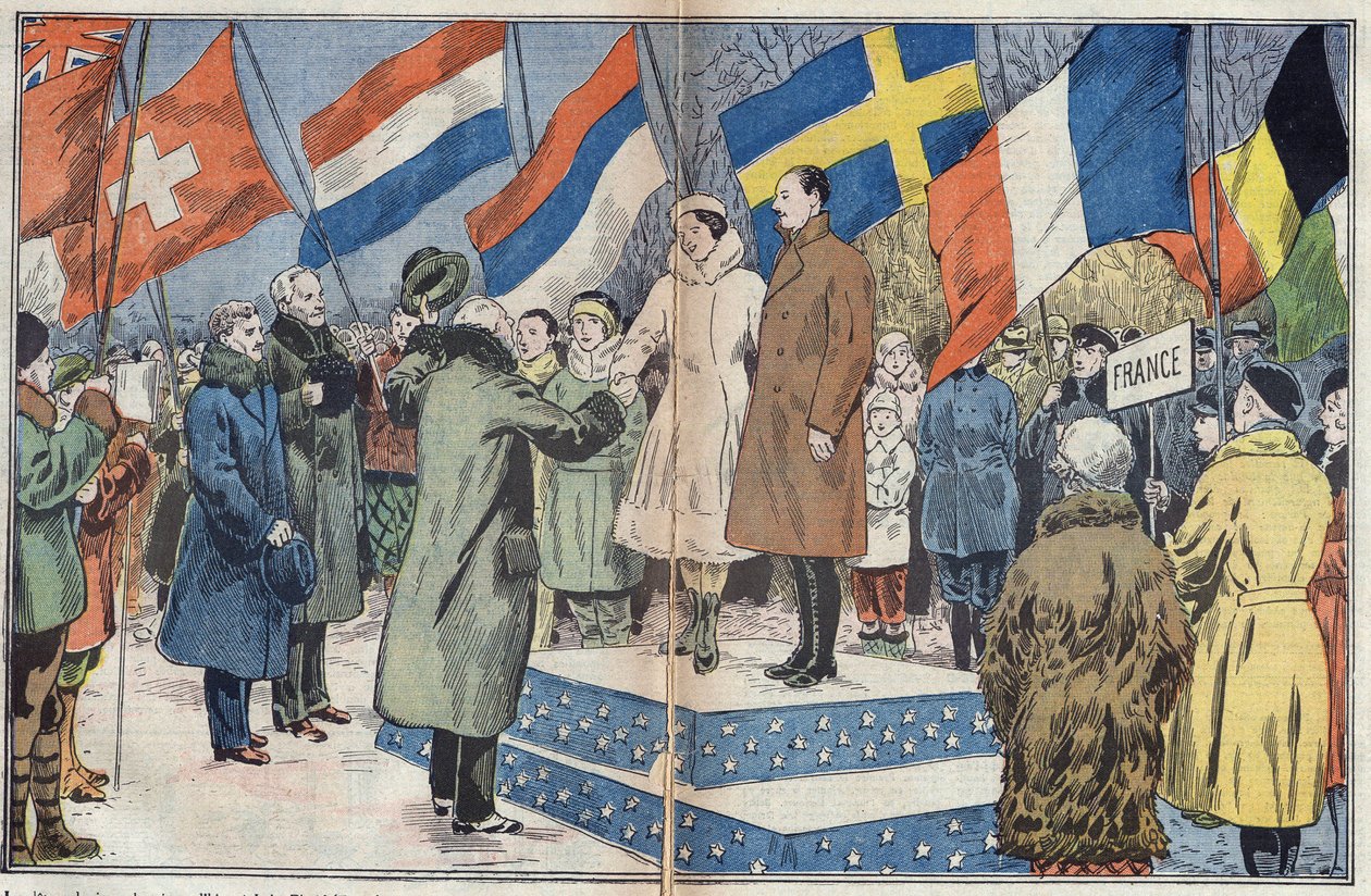 Zimní olympijské hry (1932) - závěrečný ceremoniál: francouzským bruslařům M. a paní Brunet Jolyovým (Brunet-Joly), olympijským vítězům, gratuluje porota. Lake Placid, USA. Ilustrace Damblans. V „Le Pelerin“ z 18. března od Eugene Damblans