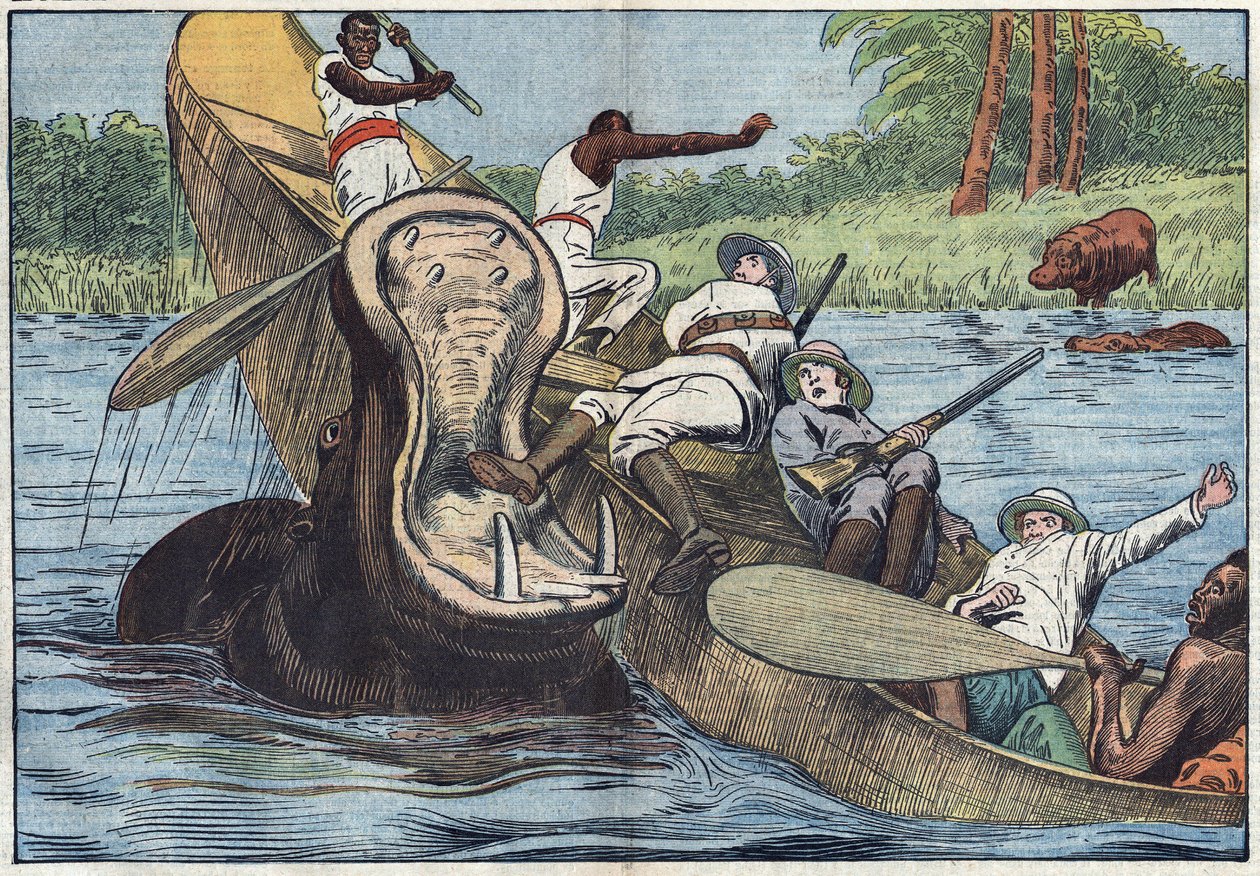 Na Viktoriině jezeře v Africe se loď obsazená anglikánskými misionáři a domorodými obyvateli převrhne zraněným hrochem. Ilustrace Damblans. V „Le Pelerin“ ze 16. května od Eugene Damblans