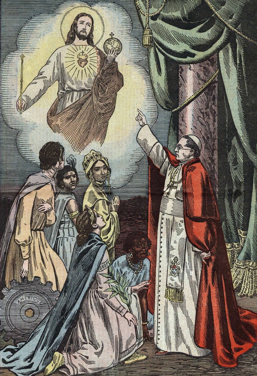 Papež Pius IX. zavádí oslavu společenské vlády Ježíše Krista, kresba Damblansem z francouzského papíru „Le Pelerin“ 3. ledna od Eugene Damblans