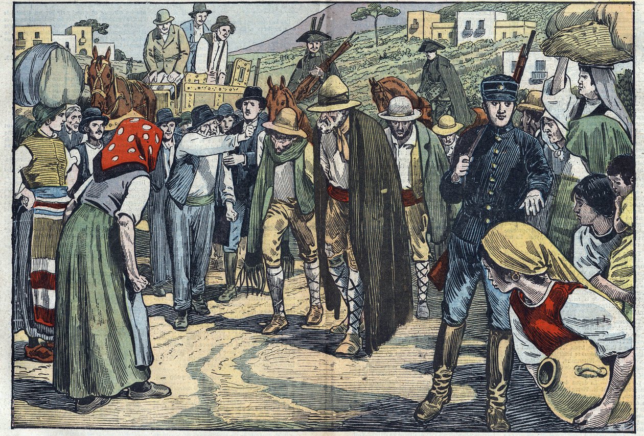 Lupiči zatčení italskou fašistickou policií. Sicílie, Itálie. Ilustrace Damblans. V „Le Pelerin“ ze 14. února od Eugene Damblans