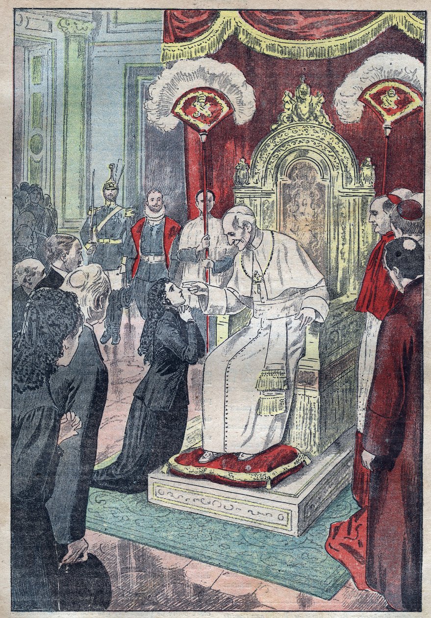 Svatá Terezie od Dítěte Ježíše (nebo Lisieux 1873-1897), stále ještě mladá dívka u nohou papeže Leona XIII., získala vstup na Karmel ve věku patnácti let v roce 1888 - ilustrace Damblans z roku 1923 od Eugene Damblans