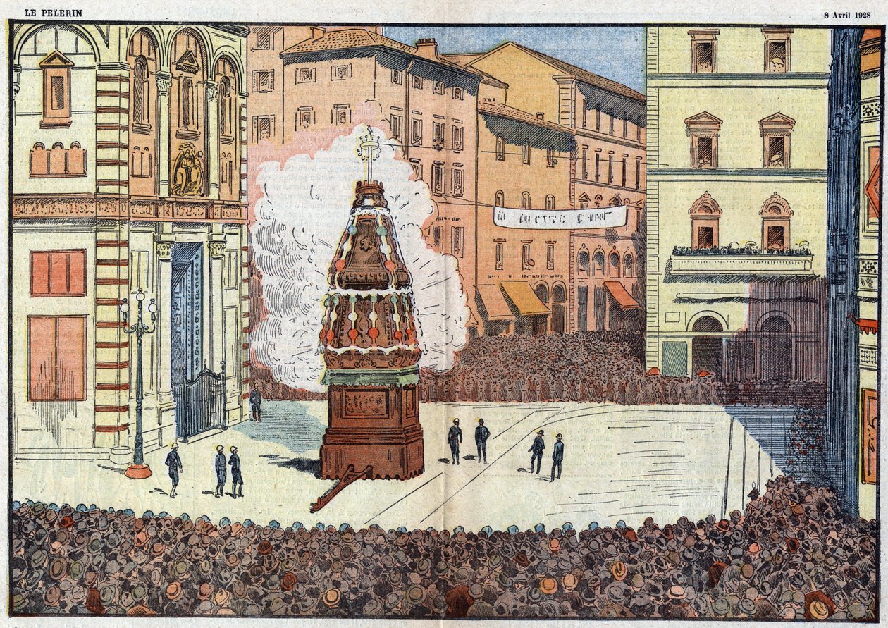 Scoppio del Carro (výbuch vozíku) lidová událost města Florencie - ilustrace Damlans z dubna 1928 od Eugene Damblans