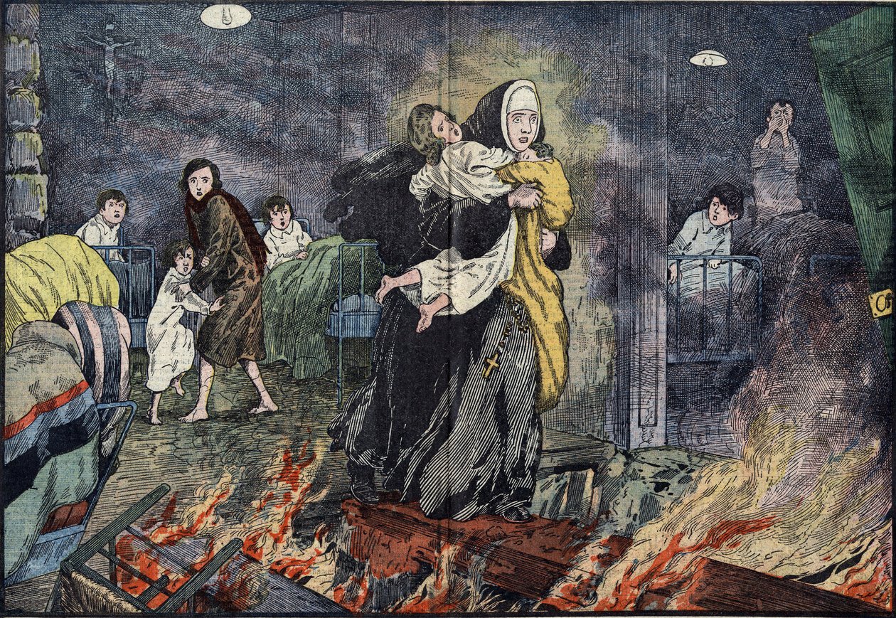 Sestra Marie Gabrielle (Marie-Gabrielle) zachraňující dítě při požáru sirotčince Bernards Ville (Bernards-Ville), ve Spojených státech. Ilustrace Damblans v „“ the Pelerin““ z 27. listopadu od Eugene Damblans