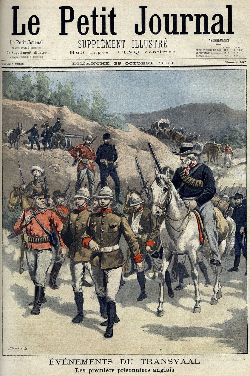 Jižní Afrika - Búrská válka. Transvaalské události. První angličtí zajatci zajatí Búrové. Kresba Damblans. “” Le Petity Journal”, 29. října od Eugene Damblans