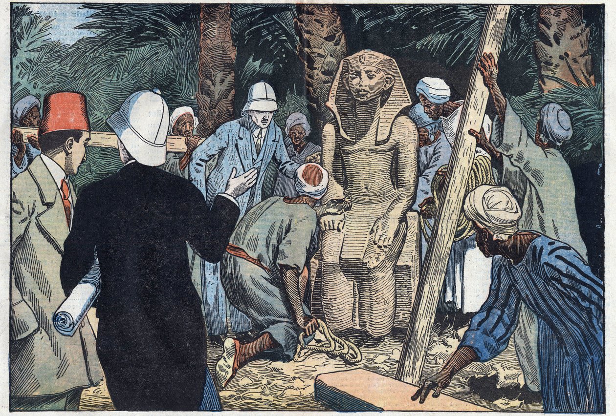 Francouzská archeolgická mise objeví sochu teenagera Sesostris III., který bude přivezen do Louvru. Medamoud, starověké Théby, Egypt. Ilustrace Damblans. V „Le Pelerin“ z 22. listopadu od Eugene Damblans