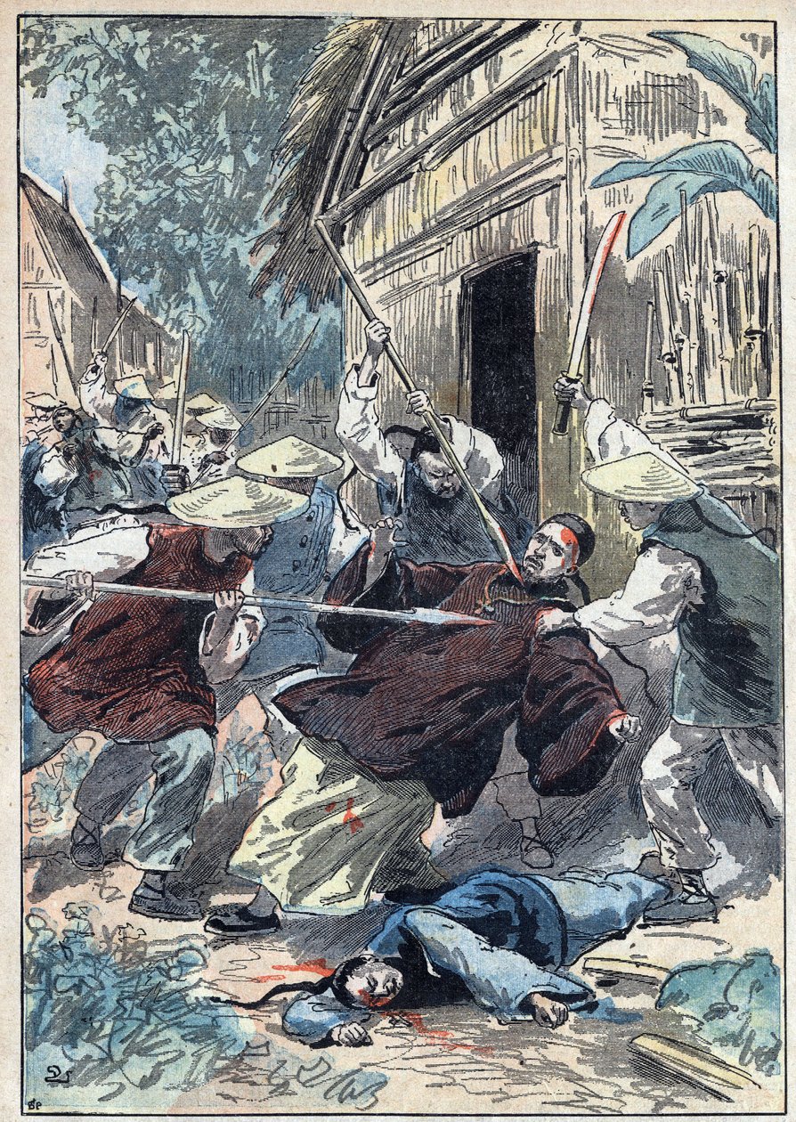 Francouzský kněz Berthollet (1865-1898), kněz zahraničních misí, byl zavražděn čínskými národními strážemi poblíž města Yun Ngan Cheou (Yun-Ngan-Cheou) dne 21. dubna 1898. Ilustrace Damblans v „“ Le Pelerin“ “ ze dne 10. července od Eugene Damblans
