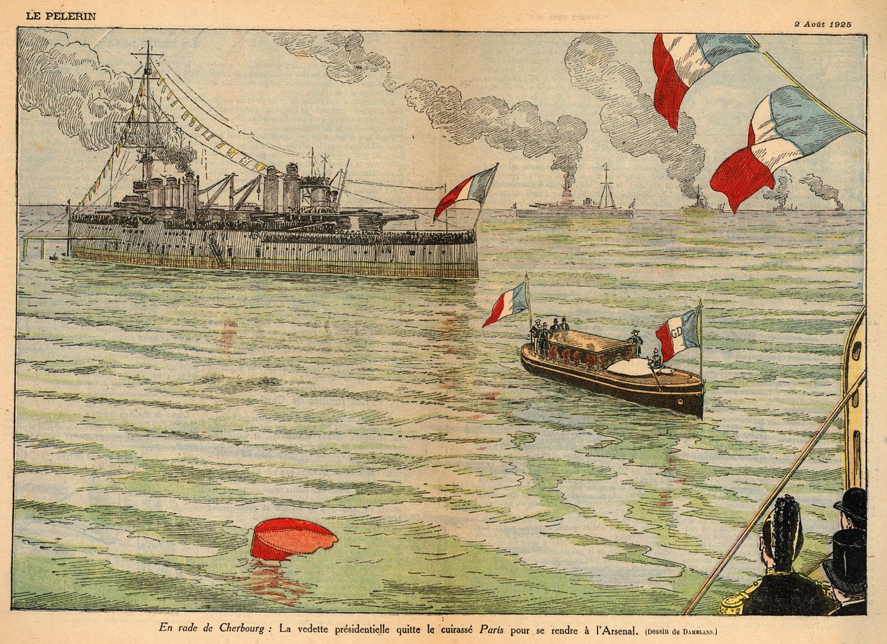 Presidential Standard, Cherbourg Harbour, Dvoustrana rozšířena v „Le Pelerin“ 2. srpna 1925 (litografie od Eugene Damblans