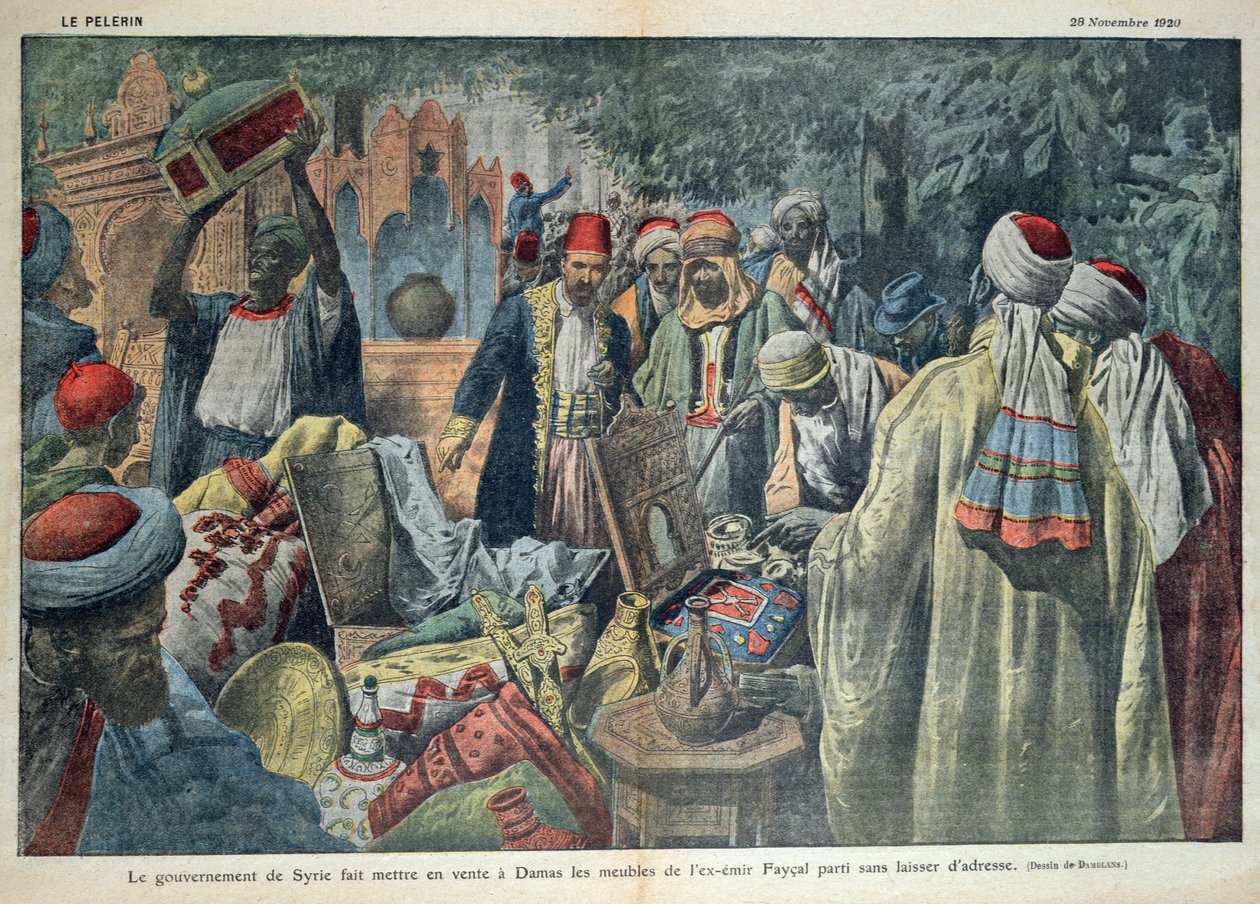 Prodej zboží emíra Faisala (1883-1923) v Damašku syrskou vládou, ilustrace z časopisu 