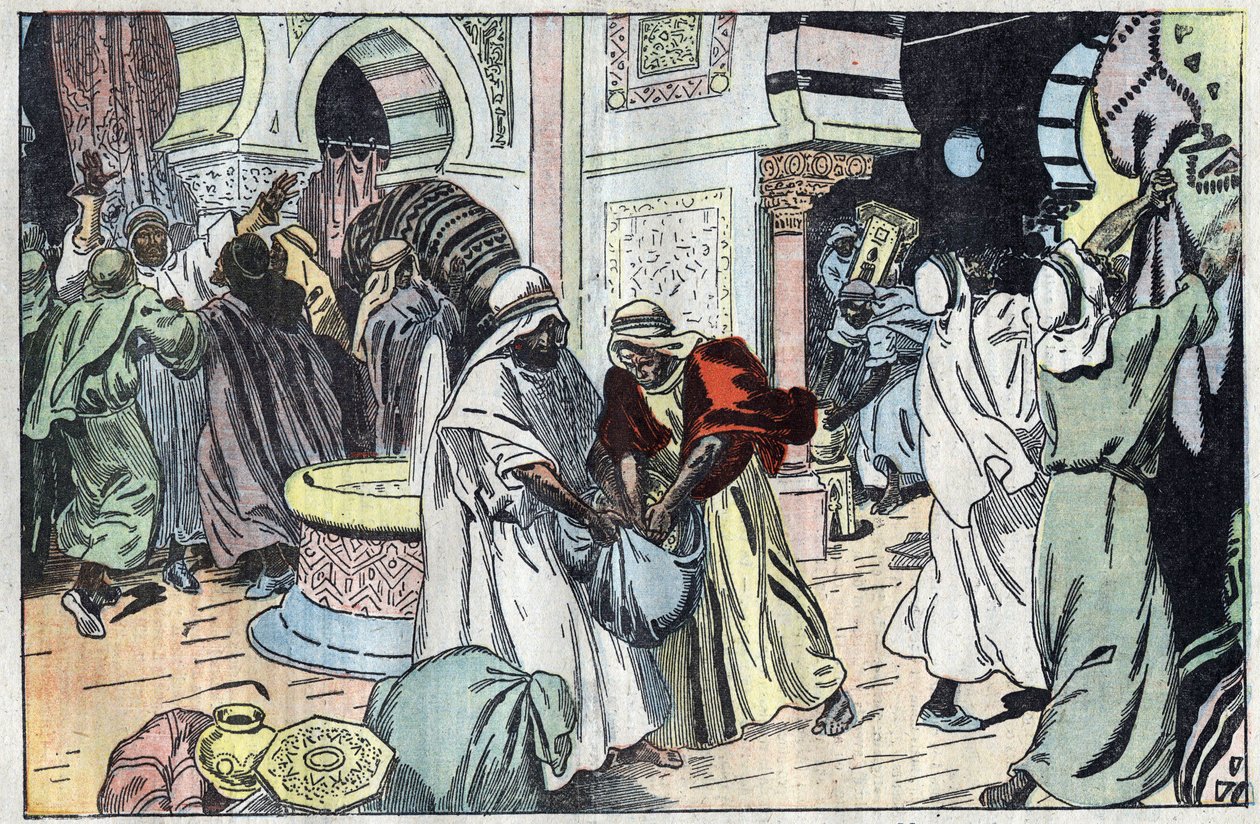 Wahabité poté, co dobyli Mekku, vyplenili palác krále Husajna. Ilustrace Damblans. V „Le Pelerin“ z 2. listopadu od Eugene Damblans
