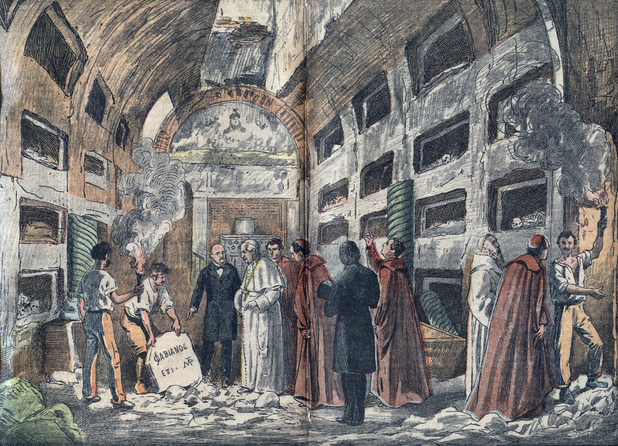 Archeolog Giovanni Battista de Rossi (1822-1894) přiměje papeže Pia IX. navštívit kryptu papežů, které právě objevil (1852) - Ilustrace Damblans v „“le-Pelerin““ 1923 od Eugene Damblans