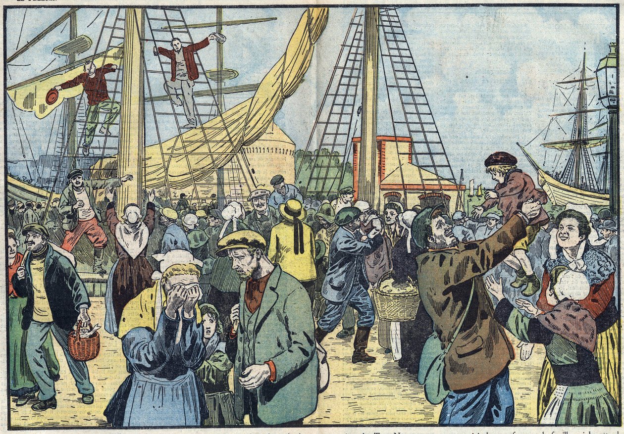 Návrat tresky do Saint-Malo: Terres-Neuvas lovili ryby a shledali se se svými rodinami. Ilustrace Damblans. V „Le Pelerin“ ze 7. října od Eugene Damblans