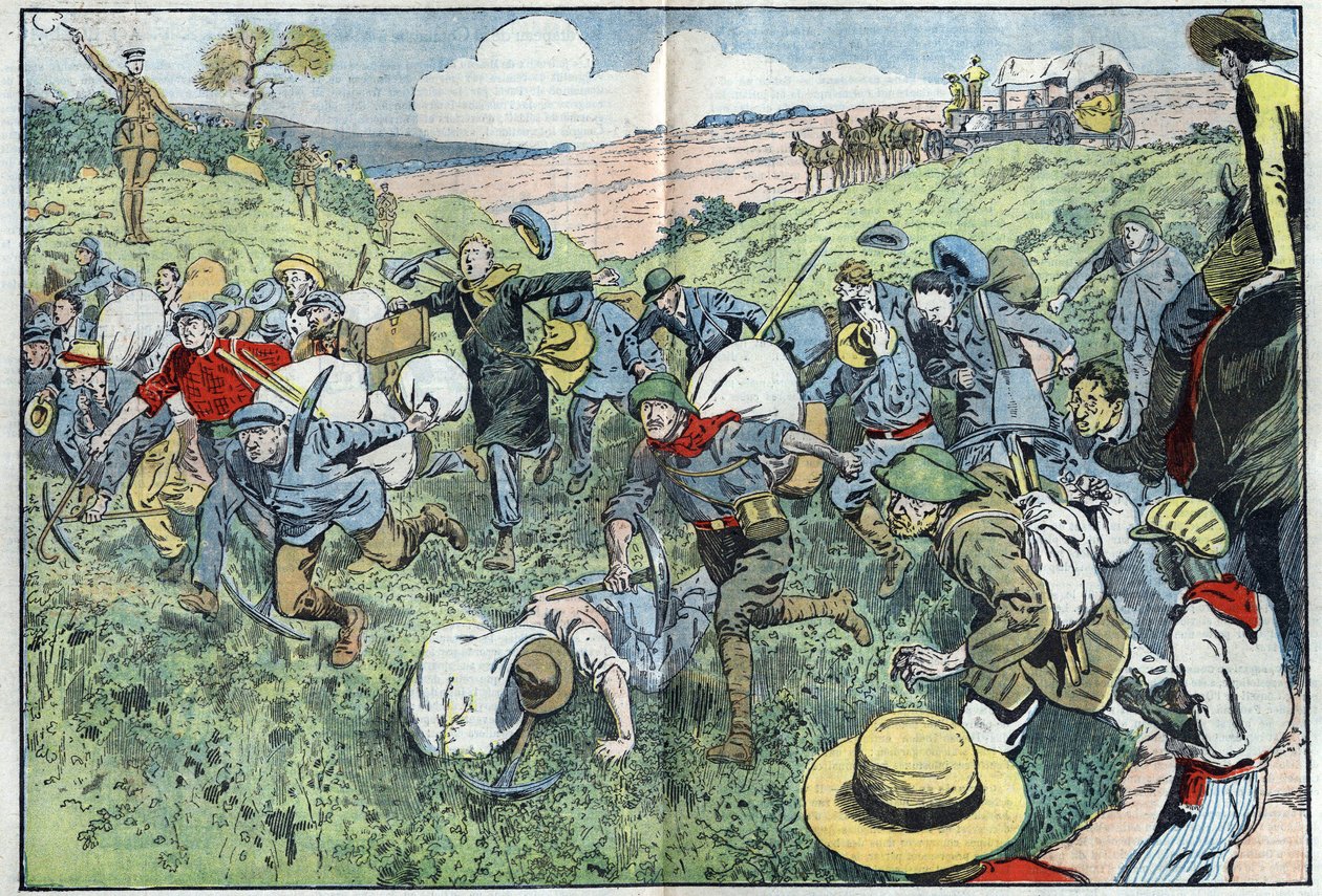Diamantový závod (Jižní Afrika): závod organizovaný s cílem rozhodnout, kdo obsadí diamantové pozemky nejblíže ložisku. Ilustrace Damblans v „“Le Pelerin““ z 3. srpna od Eugene Damblans