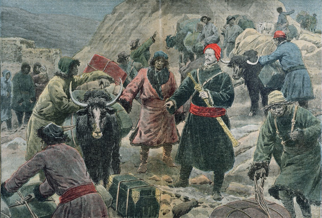 Průzkumník Sven Ander Hedin (1865-1952) v Tibetu, ilustrace z „Le Pelerin“, únor 1909 od Eugene Damblans