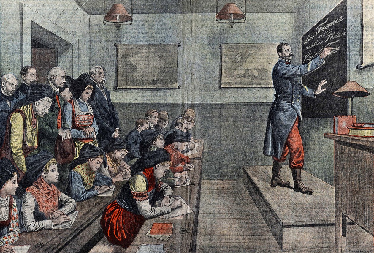 První třída ve francouzštině v Alsasku je znovu dobyta. Ilustrace Damblans. V „Le Pelerin““ z roku 1914. od Eugene Damblans